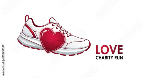 White running shoe with red heart and love charity run text on white background charity run symbol