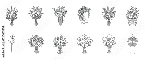 Collection of twelve flower bouquet illustrations in a simple black outline style, showcasing diverse arrangements from romantic roses and tulips to rustic wildflowers and boho designs