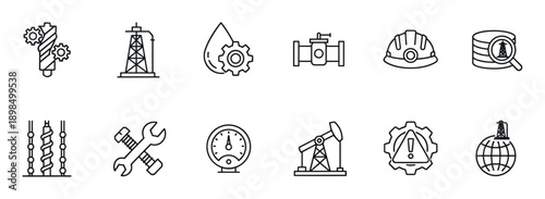 Oil and gas industry thin line icons set representing petroleum extraction, drilling, production, and engineering with symbols like a derrick, pumpjack, and pipeline in a minimalist style