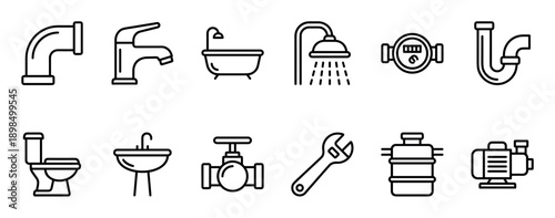 Set of black plumbing line icons for sanitary engineering, featuring a toilet, sink, faucet, bathtub, shower, pipes, valve, water meter, pump, and a wrench for repair work