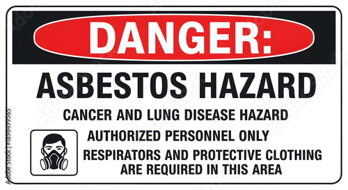 Essential safety information for asbestos hazard locations, emphasizing severe health risks, and requiring protective gear for authorized entry