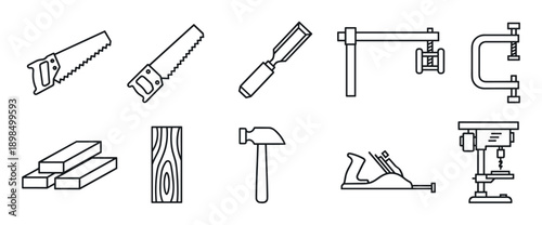 Woodworking and carpentry tool icon set featuring a saw, hammer, chisel, clamp, drill press, and wood planks in a simple black outline illustration style