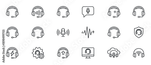 Minimalist black outline headset and microphone icons representing customer service, call center operations, audio communication, and technical support