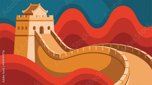 The Great Wall of China with watchtower on mountain range