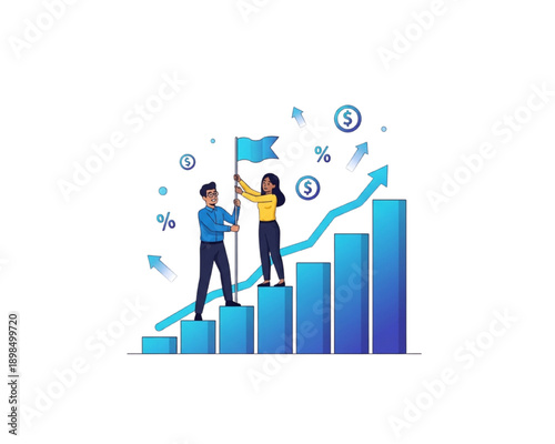 Financial Growth Success Illustration with Team Raising Flag on Rising Bar Chart, Profit Increase, Investment ROI, Revenue Strategy, Stock Market Uptrend, Business Achievement Flat Vector