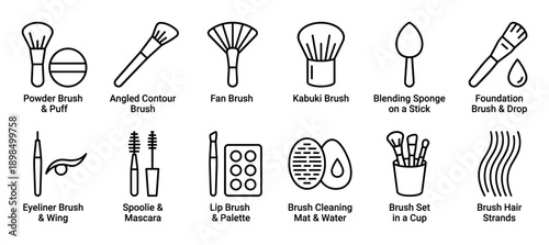 Set of twelve makeup tool icons including various brushes, a blending sponge, mascara, and eyeliner, presented in a clean, black and white minimalist line art style