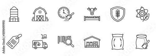 Thin line icon set for agriculture and farming representing the food production supply chain, including livestock, crops, logistics, and warehouse storage symbols