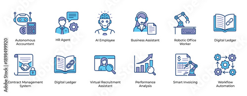 Set of blue and purple icons representing business automation and artificial intelligence concepts like robotic workers, digital ledgers, smart invoicing, and workflow management