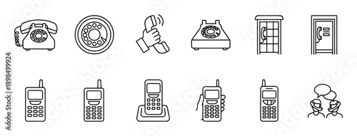 Set of black line art icons showing the evolution of telephone technology from vintage rotary landlines to early mobile cell phones in a simple minimalist style