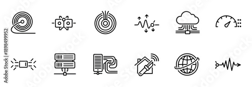 Set of black line icons representing internet, network, and data communication concepts like fiber optic cable, server, cloud computing, signal, and global connection in a minimalist style