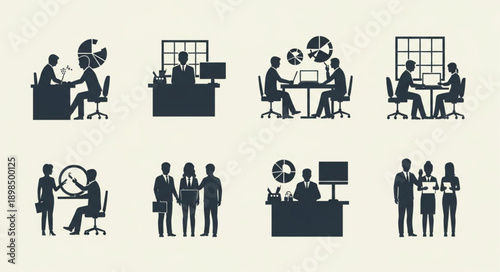 Business Meeting Silhouettes with Charts and Graphs.