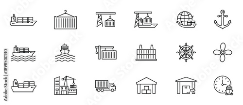 Set of black line icons for shipping, logistics, and maritime transport, including a cargo ship, container, port crane, warehouse, anchor, and truck for business concepts