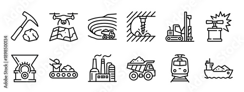 Mining industry line icon set illustrating the process of exploration, extraction, processing, and transportation with quarry, truck, factory, and ship symbols