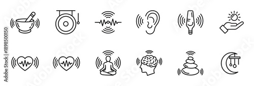 Set of black line art icons for sound healing and meditation concepts, including a gong, tuning fork, singing bowl, and zen symbols for wellness and alternative therapy