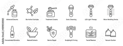 Set of twelve black line icons representing skincare products and beauty treatments for facial care, including serums, creams, and electronic devices for cleansing and firming
