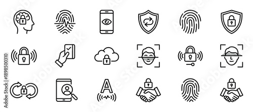 Collection of black line icons representing cybersecurity, biometric authentication, and data protection with symbols for fingerprint scanning, facial recognition, and secure access