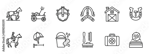 Set of horse and equestrian activity icons in a minimalist line art style showing riding, farming, grooming tools, a stable, harness, and horseshoe for farm or veterinary concepts