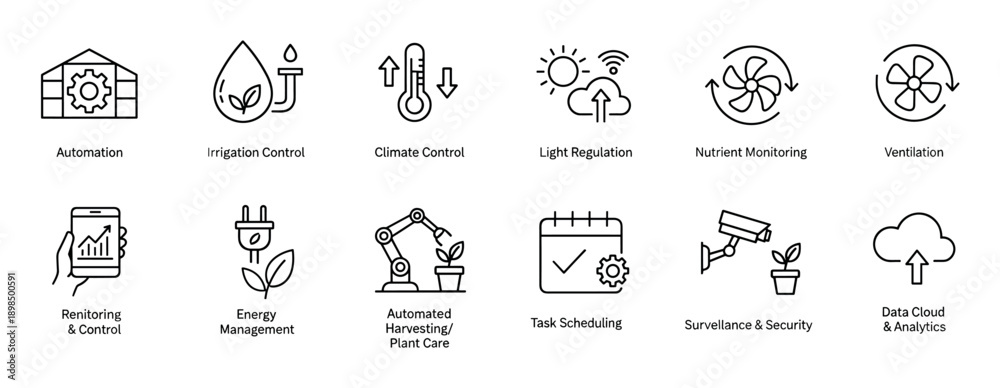 Fototapeta premium Smart farming and agriculture technology line icons illustrating concepts like automation, irrigation, climate control, robotic harvesting, and data analytics for modern agritech solutions