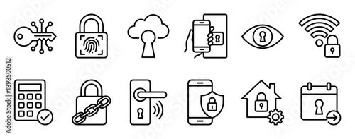 Collection of security and access control icons in a minimal black outline style, illustrating concepts like data protection, biometrics, encryption, smart home, and mobile privacy