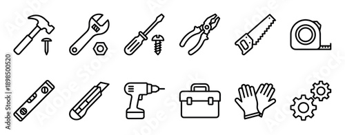 Set of black outline work tool icons for construction and repair, including a hammer, wrench, screwdriver, pliers, saw, drill, toolbox, and other hardware