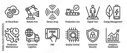 Twelve black outline icons for smart manufacturing and industrial automation, illustrating concepts like AI, robotics, logistics, quality control, and predictive maintenance