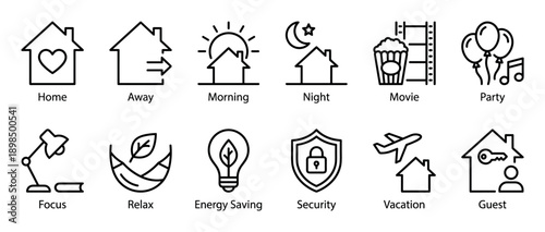 Set of twelve black line icons for smart home automation modes like home, away, morning, night, movie, party, focus, relax, energy saving, security, vacation, and guest