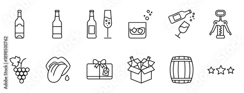 Set of black line art icons for alcoholic beverages including wine, beer, champagne, and whiskey with related symbols like a corkscrew, barrel, and grapes in a minimalist vector style