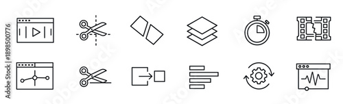 Collection of black thin line icons for video editing and multimedia production, including essential symbols like trim, layers, timer, export, keyframe, and audio waveform for a modern UI