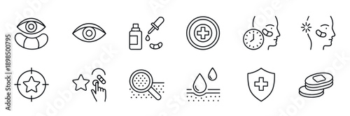 Set of skincare and beauty line icons representing cosmetic treatments like eye patches, serum application, skin analysis, and dermatological protection in a clean vector style