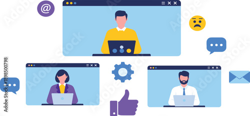 Online Team Communication Illustration with Remote Workers Using Laptops, Video Chat Windows, Messages, Emojis, and Digital Collaboration Tools