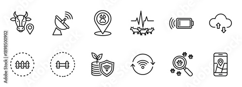 Set of black outline icons for agri-tech and animal tracking, illustrating concepts of GPS, livestock health, geofencing, cloud data, and modern mobile technology for smart farming