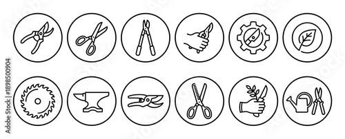 Set of black line art icons for gardening and pruning tools presented in a clean, minimalist style, including secateurs, scissors, loppers, an anvil, and a watering can