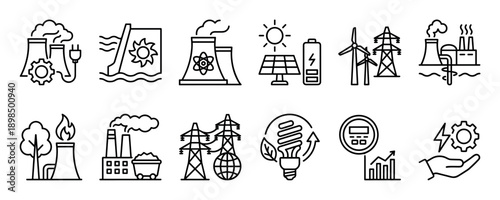 Set of twelve energy generation line icons representing various power sources like solar, wind, nuclear, and hydro in a simple black outline vector illustration style