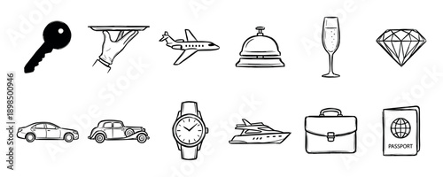 Set of hand-drawn luxury lifestyle icons representing travel, wealth, and premium service, including a private jet, yacht, diamond, classic car, passport, and hotel bell