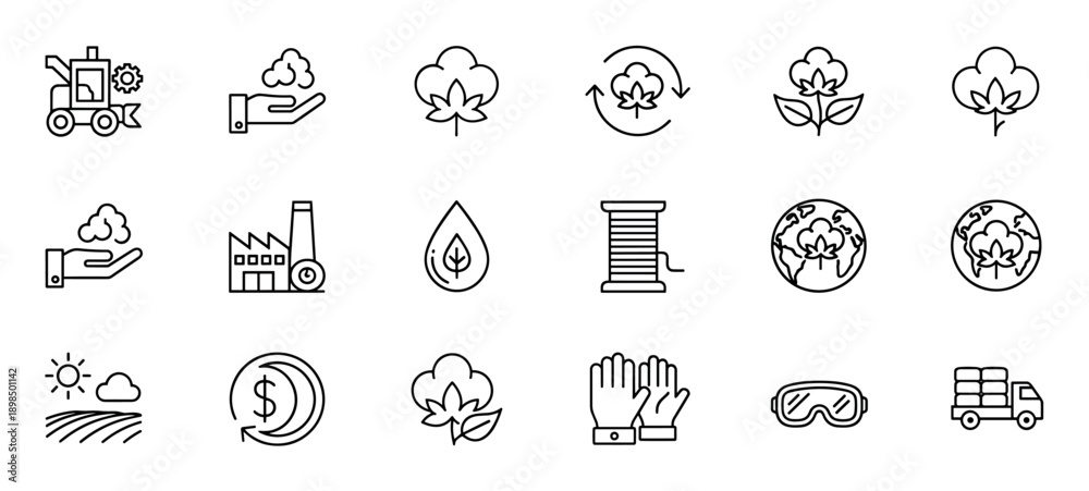 Fototapeta premium Cotton production and textile manufacturing thin line icon set illustrating the complete cycle from farm to factory, including logistics and sustainable concepts