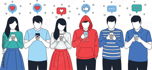 Social Media and Mobile Communication Concept Vector Illustration Showing Young People Using Smartphones, Online Messaging, Digital Interaction, and Modern Technology Lifestyle