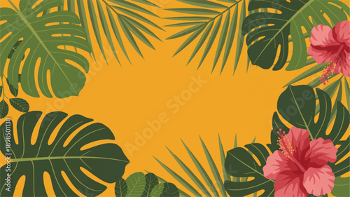 tropical leaves and flowers on yellow background border frame