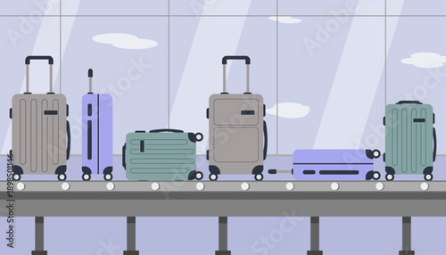 Vector illustration of the baggage belt at the airport with various suitcases on it.