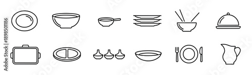 Set of twelve black outline icons representing various tableware and kitchen items like plates, bowls, cutlery, and serving dishes in a clean, minimalist vector style