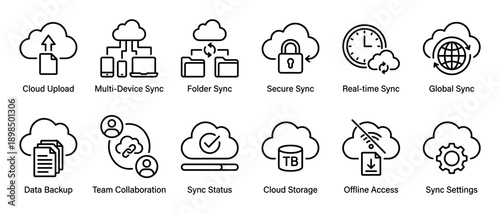 Set of black line icons for cloud computing and data synchronization concepts like upload, backup, storage, and security, presented in a clean, minimalist vector style for UI design