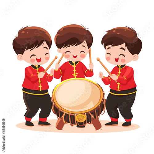 Festive Children Drumming for Lunar New Year Celebration