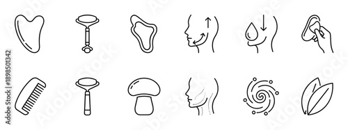 Set of black line icons showing facial massage tools and skincare techniques, including gua sha scrapers, rollers, and lymphatic drainage diagrams in a minimalist style