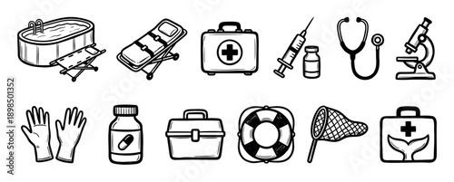 Collection of black and white hand-drawn icons representing medical, rescue, and safety equipment like a stretcher, first aid kit, syringe, stethoscope, and lifebuoy