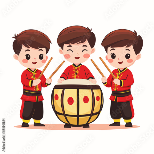 Festive Children Drumming for Lunar New Year Celebration