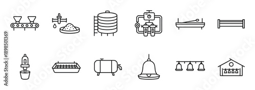 Poultry farming equipment and agricultural technology icons in a minimalist black line art style showing various tools like feeders, waterers, tanks, and a filtration system