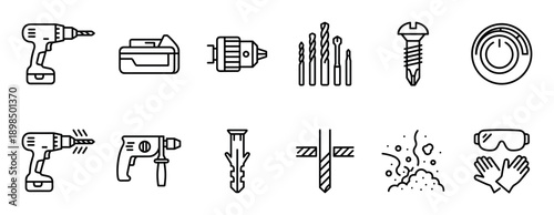 Set of black line icons for power tools and construction equipment including a drill, screw, bits, battery, and safety gear, presented in a clean, minimalist vector style