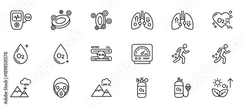 Set of black line icons showing oxygen saturation, respiration, and medical concepts like oximeters, lungs, and blood cells in a minimalist vector style for infographics