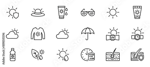 Set of black line icons for sun protection including sunscreen, a hat, sunglasses, and a UV shield symbol in a simple minimalist outline style for summer safety concepts