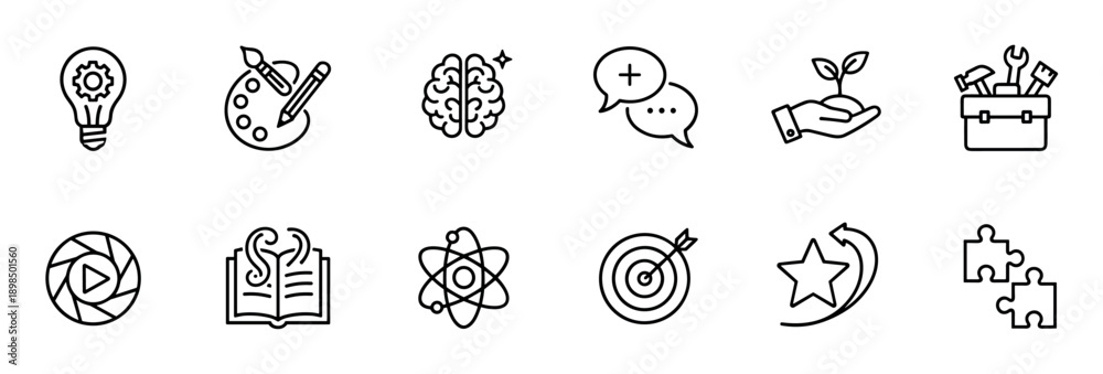 Fototapeta premium Set of black line icons representing creativity, innovation, and business development concepts like ideas, growth, strategy, and teamwork in a minimalist vector style