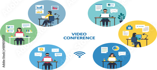 Video Conference and Remote Work Concept Vector Illustration Showing Online Meetings, Virtual Communication, Digital Collaboration, and Work From Home Team Interaction